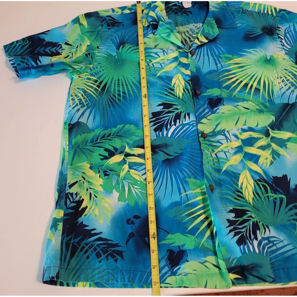 Aloha Republic Hawaiian Shirt Mens L Blue Green Tropical Palm Made in Hawaii - Picture 6 of 7
